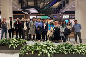 JHU MSIL and MSEM students in the lobby of New York Google offices.